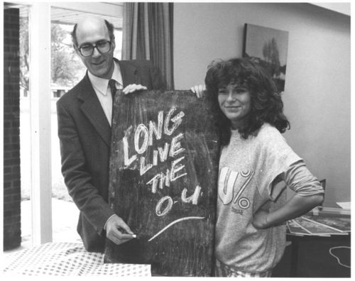 Actress Julie Walters with University Secretary Joe Clinch. Julie Walters visited the OU campus on 19 April 1983 for a pre-premiere of the film Educating Rita which was shown in the University lecture theatre. 