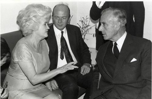 Jennie Lee talking to Earl Mountbatten during his visit to the Open University to open the first buildings on the campus on 18 May 1970. Walter Perry looking on. 