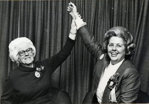 Betty Boothroyd and her mother Mary celebrating Betty's re-election in 1974 as MP for West Bromwich West. 