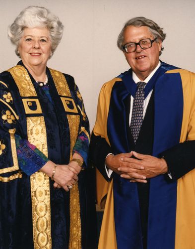 Betty Boothroyd at her installation as Open University Chancellor with Asa Briggs, outgoing OU Chancellor in Birmingham on 18 March 1995