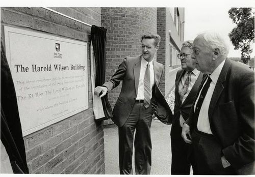 Harold Wilson visiting The Open University on the occasion of the naming of the Wilson Building on the Walton Hall campus. VC John Daniel and Chancellor Asa Briggs are accompanying him.