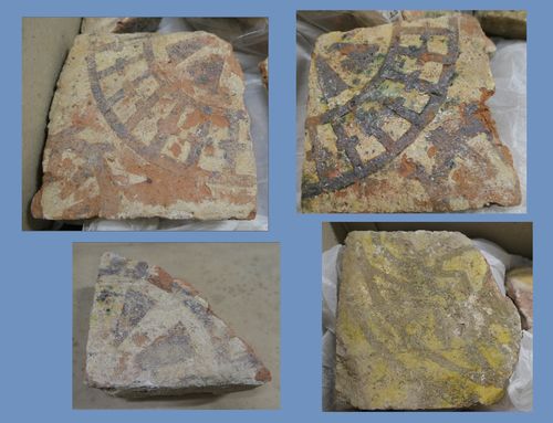 The glazed patterned floor tiles shown on this page once decorated the floor of St Michael's Church, Walton Hall, and have been dated to the late fifteenth or early sixteenth century. They were removed from the church during its restoration in the 1970s by The Open University and are now archived in Milton Keynes Museum. 