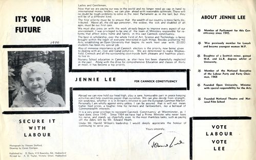 A campaign leaflet for Jennie Lee, the Labour candidate for the constituency of Cannock in the 1970 election. After 25 years as Cannock's MP, Jennie lost her seat.