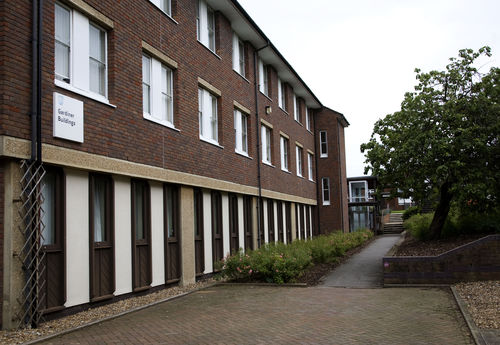 External view of the Gardiner Building on the Open university campus in Milton Keynes. Named after the second Chancellor of The Open University, Lord Gerald Gardiner of Kittisford (1900-1990). The Gardiner Building was opened in 1985.