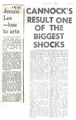 Newspaper articles about Jennie Lee's defeat in the 1970 general election