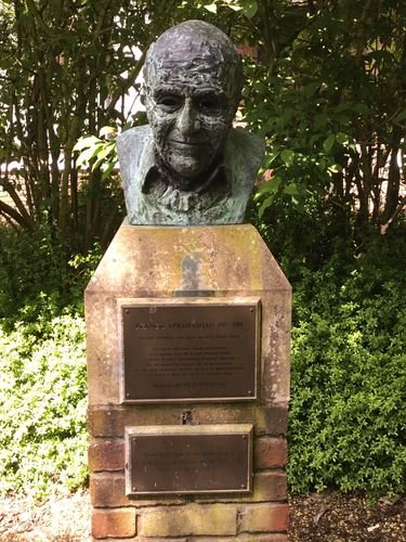 Francis Aprahamian (1917-1991) was the OU’s first editor and senior science editor. The bust, which stands next to the Venables Building on the Open University campus in Milton Keynes, was sculpted by Scott Forrest in 1994 and was erected by friends and colleagues to honour Alprahamian’s contributions to science education, and to the musical and political life of The Open University. 