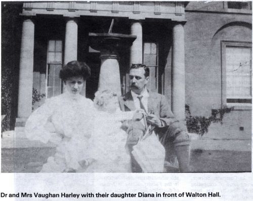 Dr. Edward Vaughan Berkeley Harley, his wife Mary (nee Blagden) and their daughter Diana Mary (born 1906) photographed sitting in front of Walton Hall. Dr Harley purchased Walton Hall in about 1904. The photograph was featured in The Open University staff magazine Open House in December 1986.