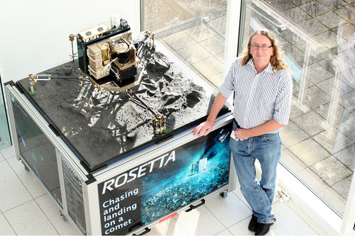 Professor Ian Wright, Professor of Planetary Sciences, Principal Investigator for the Ptolemy instrument on board the Rosetta mission. Pictured with a model of the Philae Lander.