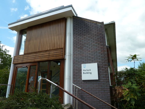 External view of the Horlock Building on the Open University campus in Milton Keynes. Names after Sir John Horlock (1928-2015), the second Vice Chancellor of the University from 1981 to 1990, this building (previously known as Offices 1 and 2), opened in 1989.