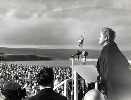Jennie Lee speaking at Nye Bevan's Memorial Service which was held near Tredegar in South Wales a week after his death in July 1960. 