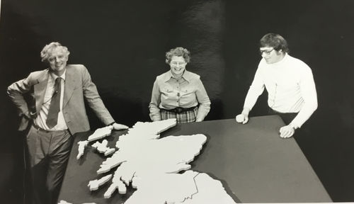 Dean of Science Mike Pentz and Academics Peggy Varley and Steven Rose on the set of one of the programmes for S100, the first Open University Science Foundation course.