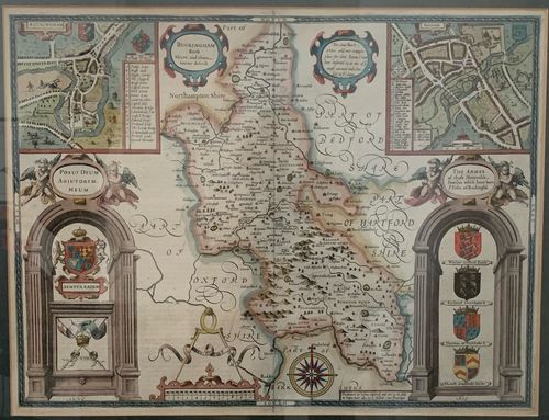 Cartographer John Speed produced this map in 1610 for his atlas 'The Theatre of the Empire of Great Britaine' first published in 1611. Printer John Beale, who purchased Walton Hall with his brother Bartholomew in 1622, produced the typeset for the atlas. The map is part of a collection of antique maps of Buckinghamshire donated to the University Archive. 