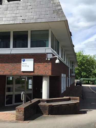 External view of the Pentz Building on the Open University campus in Milton Keynes. Professor Michael 'Mike' Pentz (1924-1995) was the first Dean of Science at the University. The Pentz Building was completed in 1993.