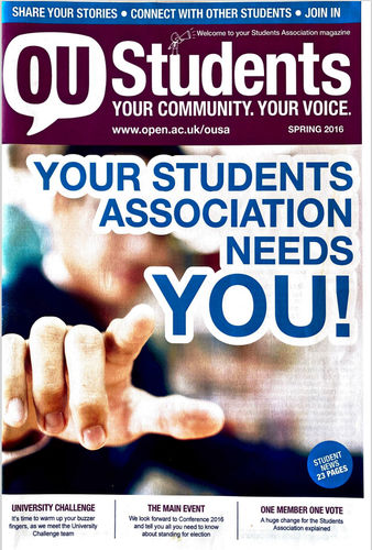 Front page of Spring 2016 issue of OU Students magazine promoting the elections.