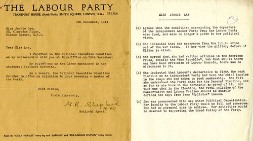 Letter to Jennie Lee from the Labour Party NEC