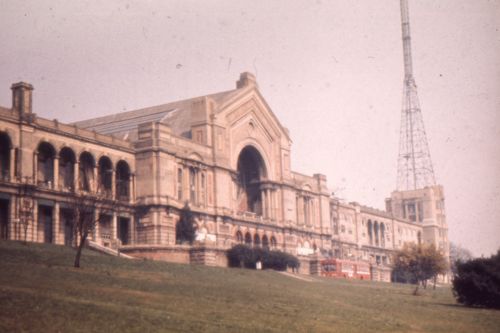 An early 1970s photograph of Alexandra Palace: the front facade and radio mast. 