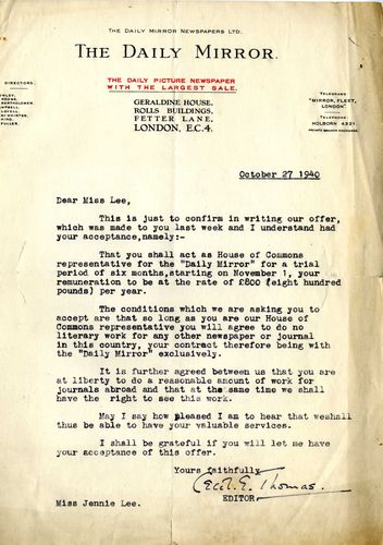 Letter to Jennie Lee from The Daily Mirror