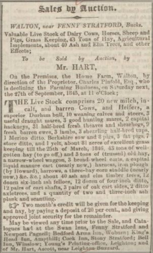 Walton Hall auction advertisement, 1845