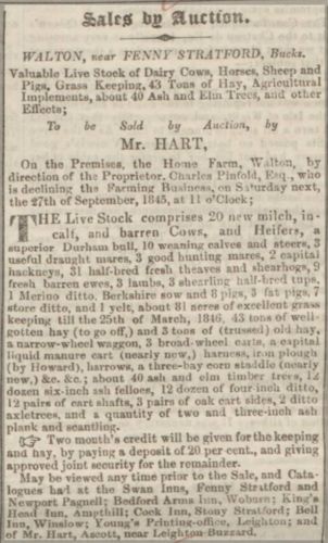 Walton Hall auction advertisement, 1845
