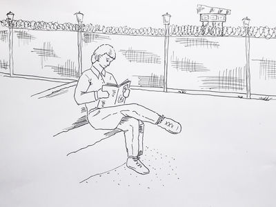 An original drawing by David Smyth, who graduated with The Open University in the Compounds (Maze and Long Kesh Prison) for the Time to Think project. It shows a student sitting and reading a book in the yard of a Compound in the Maze and Long Kesh Prison.