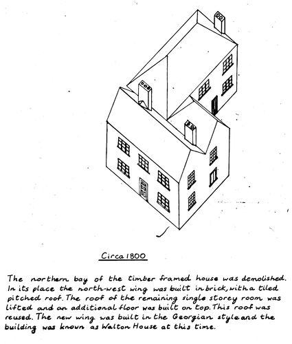 Building elevation diagram of Walton Hall showing how it looked in about 1800 when it was owned by Captain Charles Pinfold. Drawn by David Ball, Estates Assistant Surveyor at The Open University in 1989.