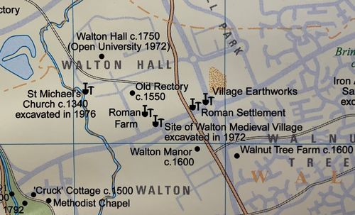Section from Milton Keynes Heritage Association Map of Milton Keynes showing various Roman, Medieval and post Medieval sites and buildings of interest in the area of Walton. 
