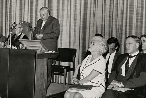 Jennie Lee listening to Harold Wilson speaking at the OU Charter Ceremony.
