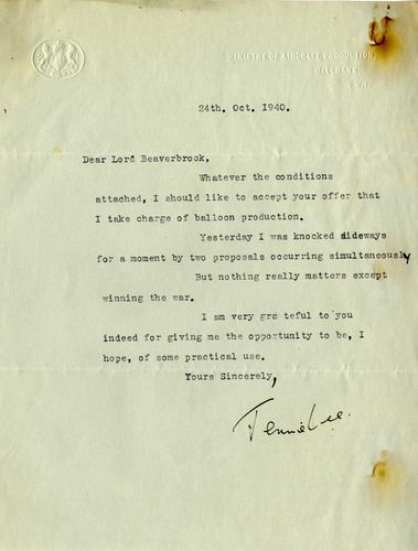 Typed letter from Jennie Lee to Lord Beaverbrook dated 24th October 1940 accepting the job of overseeing barrage balloon production.