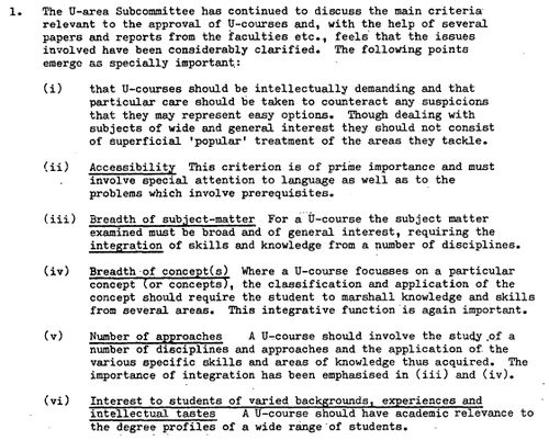 Part of an item from University Minutes from an official sub-committee in 1975, which discusses the requirements of the then-forthcoming U (