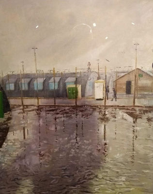 Painting by Geordie Morrow showing Nissen huts in the Long Kesh Prison Camp.