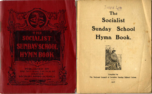 Front cover and inside page of a Socialist Sunday School hymn book belonging to Jennie Lee, passed down from her father James.