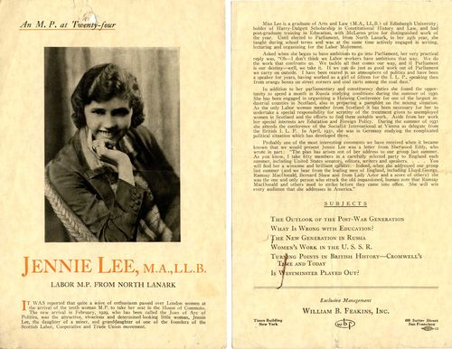 Publicity leaflet about Jennie Lee : 'An MP at twenty four'