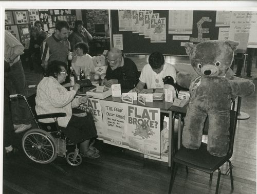 An OUSET (Open University Students Educational Trust) table at the Open University Students Association Conference in 1990.