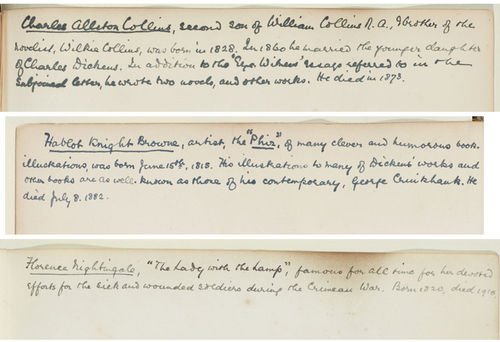 The Sampson Low Collection was originally compiled by the Rev. William Low (1860-1924) in around 1913. He was the grandson of the publisher Sampson Low. He included handwritten notes for several of the letters including these for Charles Allston Collins, Hablot Knight Browne and Florence Nightingale. 