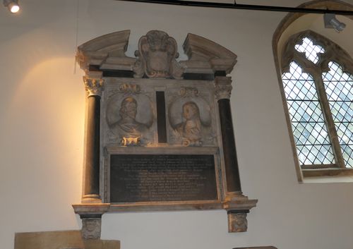 Memorial plaque in St Michael's Church, Walton Hall, to Bartholomew Beale (1583-1660) and Katherine Beale (1589-1657) sculpted in 1672 by Thomas Burman. Bartholomew and his brother John owned Walton Hall during the 17th century.