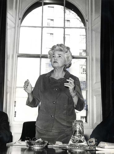 Jennie Lee, Minister for the Arts and MP for Cannock, giving a progress report on the Arts at a press conference in London in March 1967. 