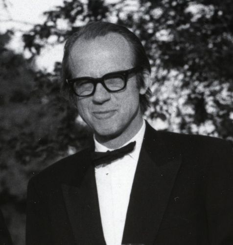 Micheal Young at the OU Graduates Dinner in 1973, outside Walton Hall on the Open University campus in Milton Keynes. Cropped from image:000000700006