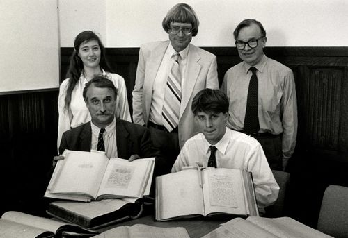 The Sampson Low collection of letters was deposited in The Open University's Book History Archive and Research Centre, based in the London Regional Centre, on 14 May 1992 by George Low and his son Sampson, descendants of the publisher Sampson Low. 

Photographed from L to R: (back row) Dr Alexis Weedon (Leverhulme Fellow in Book History at the OU), Dr Simon Eliot (Director of the OU's Book History Research Group), Ian Willison (formerly of the British Library); (front row) George Low, Sampson Low. 