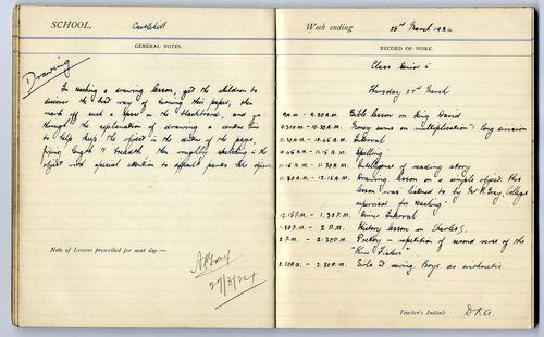 Two handwritten pages from Jennie Lee's Teaching Record Book dated 28th March 1924. Jennie gained a teaching diploma alongside her MA and Law degree at Edinburgh University in 1926. 