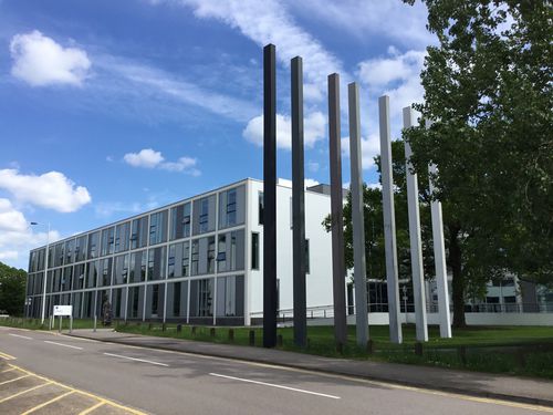External view of the Betty Boothroyd Library Building on the Open University campus in Milton Keynes