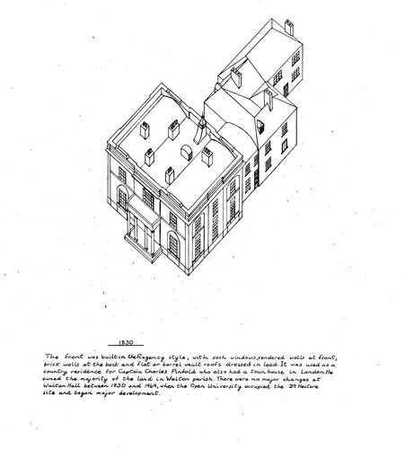 Building elevation diagram of Walton Hall showing how it looked in about 1830 when it was owned by Captain Charles Pinfold. At this time he made the greatest alterations to the Hall. Drawn by David Ball, Estates Assistant Surveyor at The Open University in 1989.