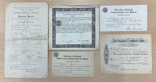A selection of Jennie Lee's school and university certificates including her teacher training certificate from 1926 and her school leaving certificate from 1922. 