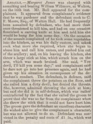 Newspaper account of assault at Walton Hall in 1857