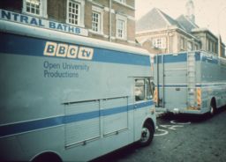 view image of BBC TV production vans 
