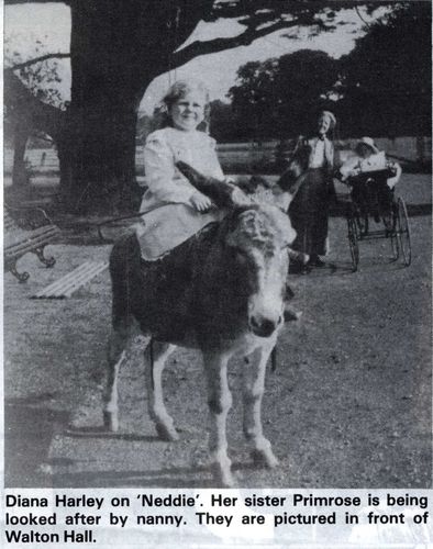 Photograph of the two Harley children, Diana aged about 3 and her baby sister Primrose. Diana Harley inherited Walton Hall when her father died in 1923. This photo was taken around 1908 and the children are with their Nanny outside Walton Hall, close to the old Cedar Tree. The photograph was featured in The Open University staff magazine Open House in December 1986.  