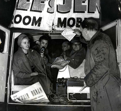 Jennie Lee campaigning in Cannock in 1959. She used a 12-seater coach as a travelling committee room.