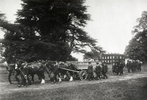 The funeral procession of Dr Edward Vaughan Berkeley Harley (1864-1923) outside Walton Hall, Milton Keynes. Professor Harley acquired Walton Hall - the future home of the Open University - in 1904. 