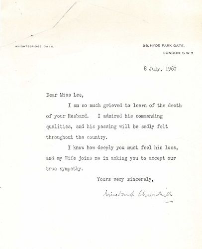 Typed letter of sympathy from Winston Churchill to Jennie Lee dated 8th July 1960 following the death of Aneurin Bevan. 