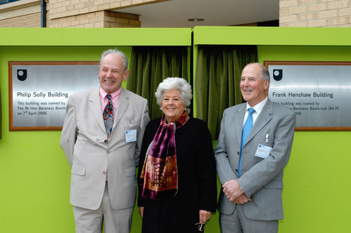 OU Student Philip Sully, Chancellor Betty Boothroyd and Frank Henshaw at the naming ceremony of the OU East Campus Buildings.