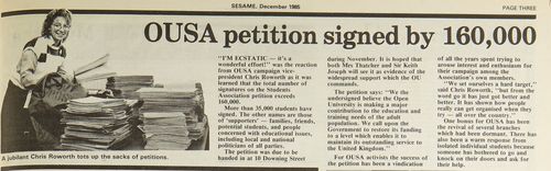 Clipping from student newspaper Sesame for the OUSA petition. From Sesame December 1985, page 3.
